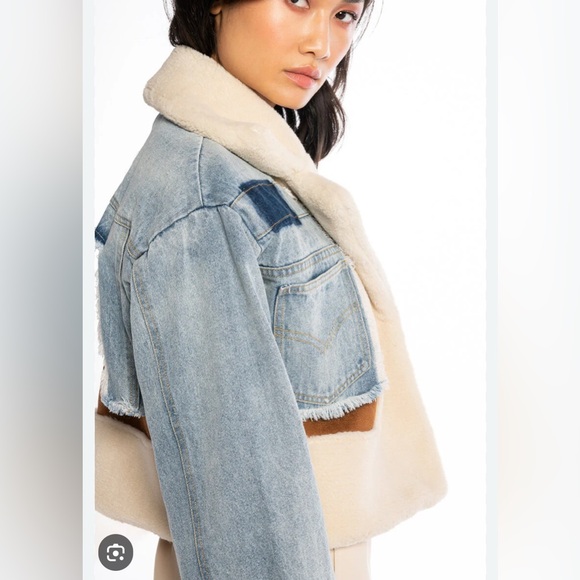 DENIM SHEARLING CROP JACKET. Multiple Colors. - Picture 2 of 7